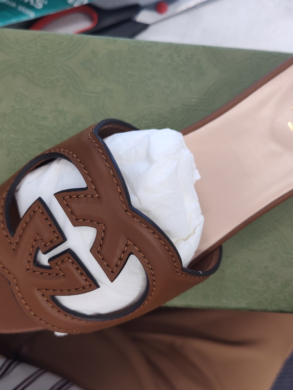 Gucci Brown Leather GG Cutout Slide Sandals - Picture 2 of 4